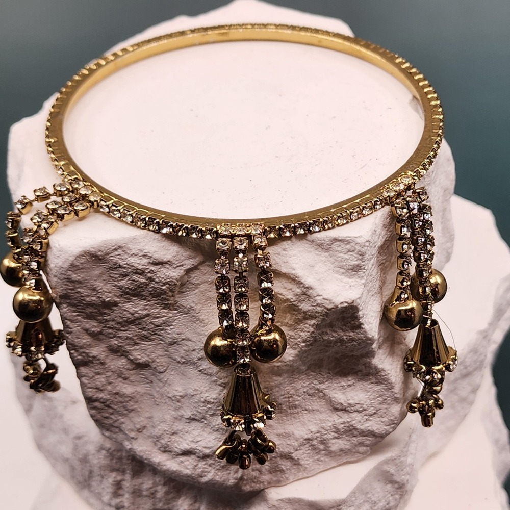 Vintage Gold Tone Rhinestone Dangle Bangle Bracelet Tassel Charm Boho Statement